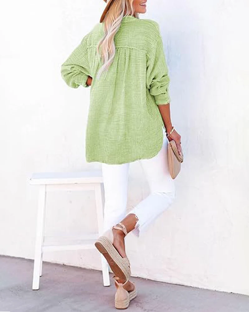 Womens Casual Button V Neck Long Sleeve Shirts Solid Blouses Tops - Image 18