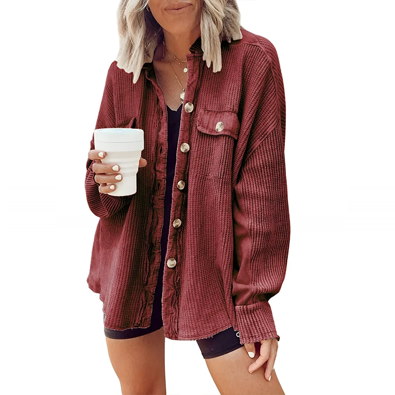 Women's Loose Fit Batwing Sleeve Waffle Knit Button Down Shirt Shacket Tops - Image 16