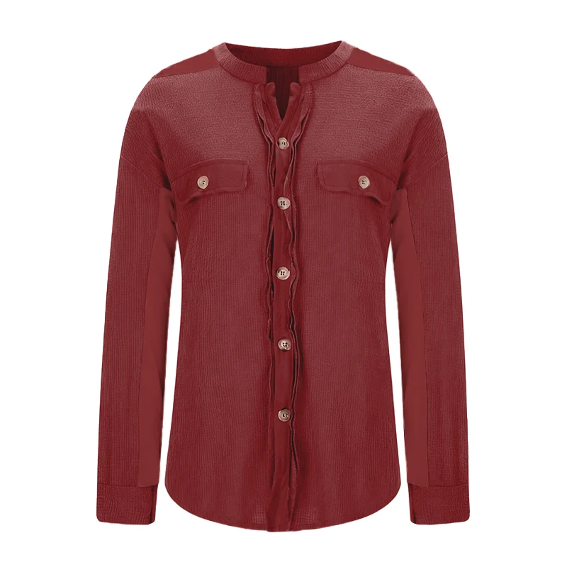 Women's Loose Fit Batwing Sleeve Waffle Knit Button Down Shirt Shacket Tops - Image 17