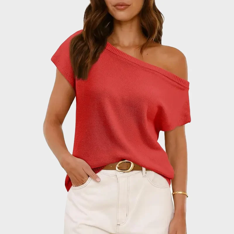 Women's Off Shoulder Knit Top Short Sleeve Soft Lightweight Summer - Image 10