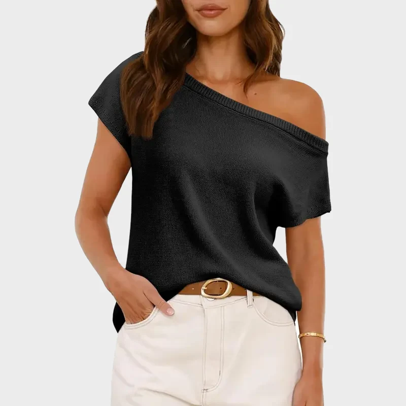 Women's Off Shoulder Knit Top Short Sleeve Soft Lightweight Summer - Image 6