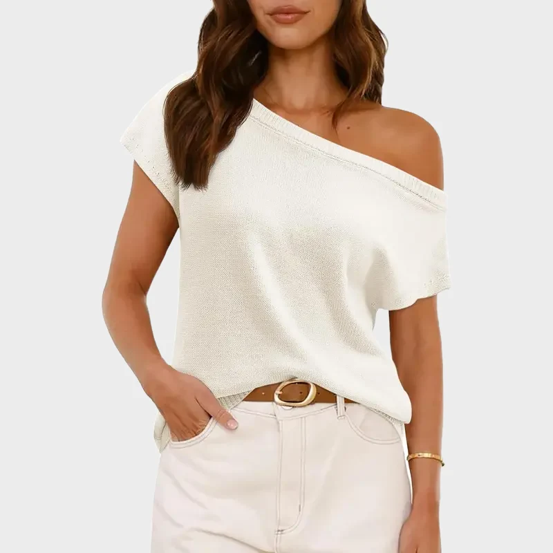 Women's Off Shoulder Knit Top Short Sleeve Soft Lightweight Summer - Image 7