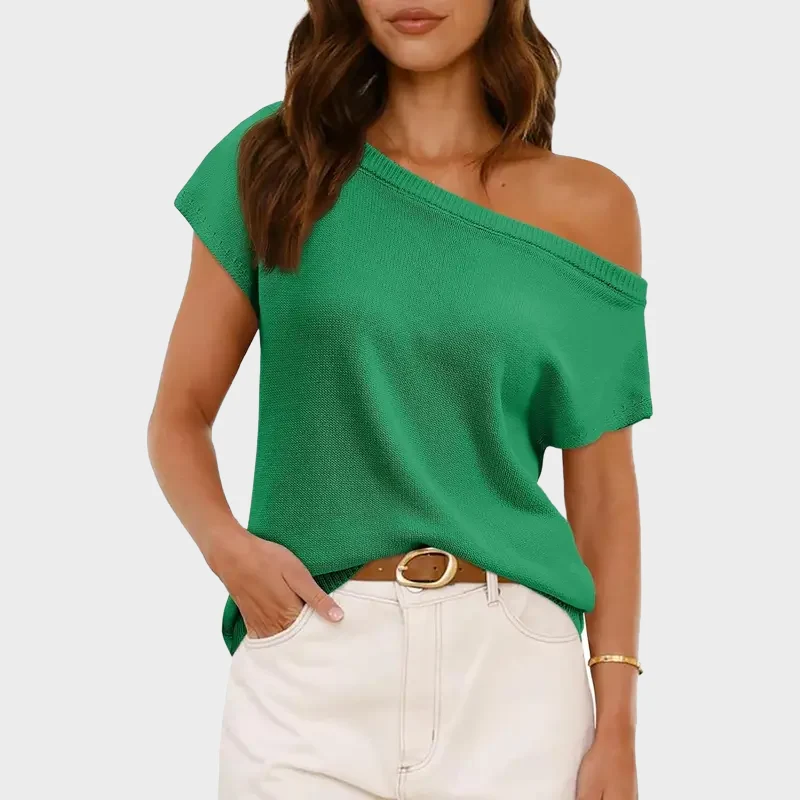 Women's Off Shoulder Knit Top Short Sleeve Soft Lightweight Summer - Image 8