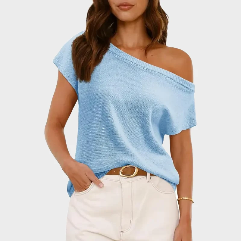Women's Off Shoulder Knit Top Short Sleeve Soft Lightweight Summer - Image 9