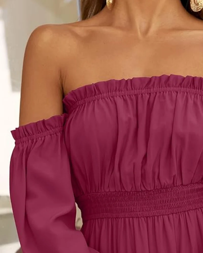 Women's Off Shoulder Maxi Dress Smocked High Waist with Side Slit - Image 26