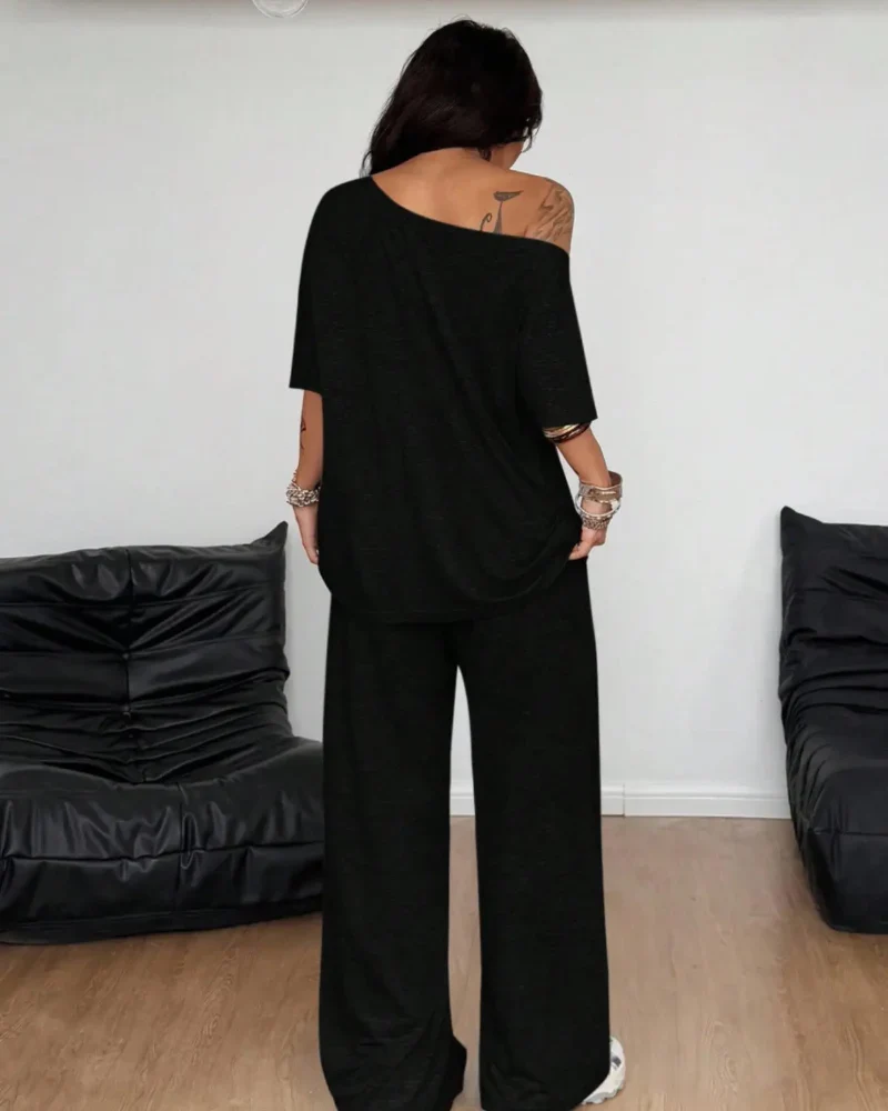 Women's Off-Shoulder Tee Wide-Leg Pants 2P Set - Image 10
