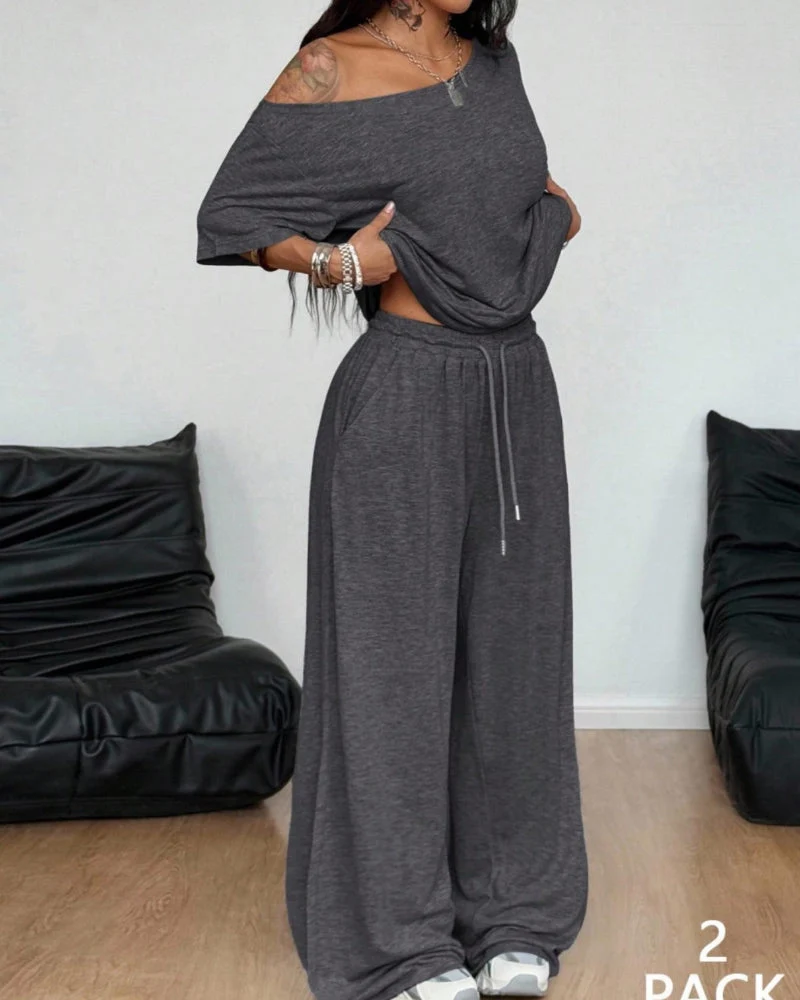 Women's Off-Shoulder Tee Wide-Leg Pants 2P Set - Image 11
