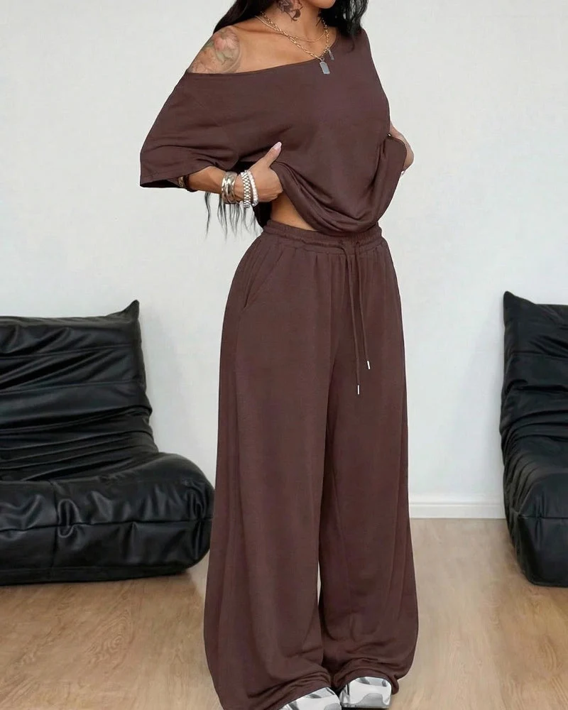Women's Off-Shoulder Tee Wide-Leg Pants 2P Set - Image 12