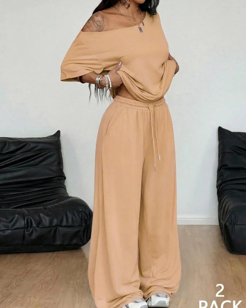 Women's Off-Shoulder Tee Wide-Leg Pants 2P Set - Image 14