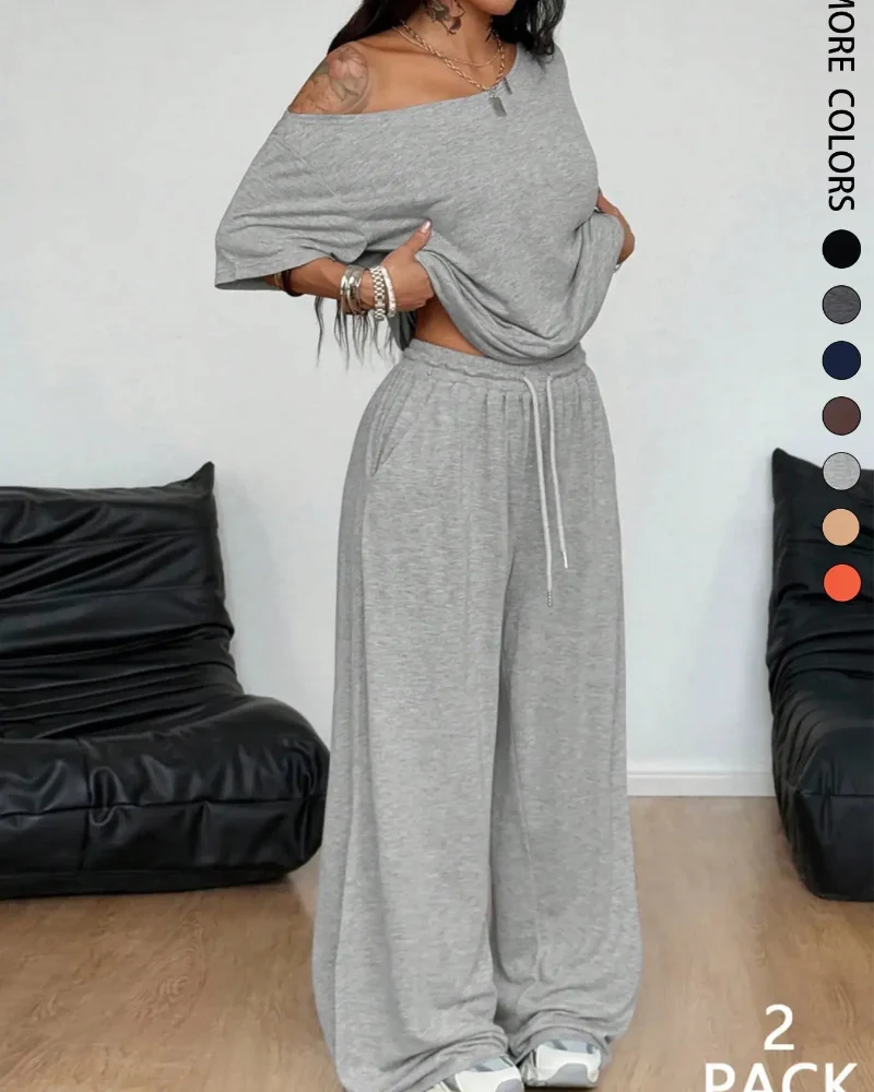 Women's Off-Shoulder Tee Wide-Leg Pants 2P Set - Image 16