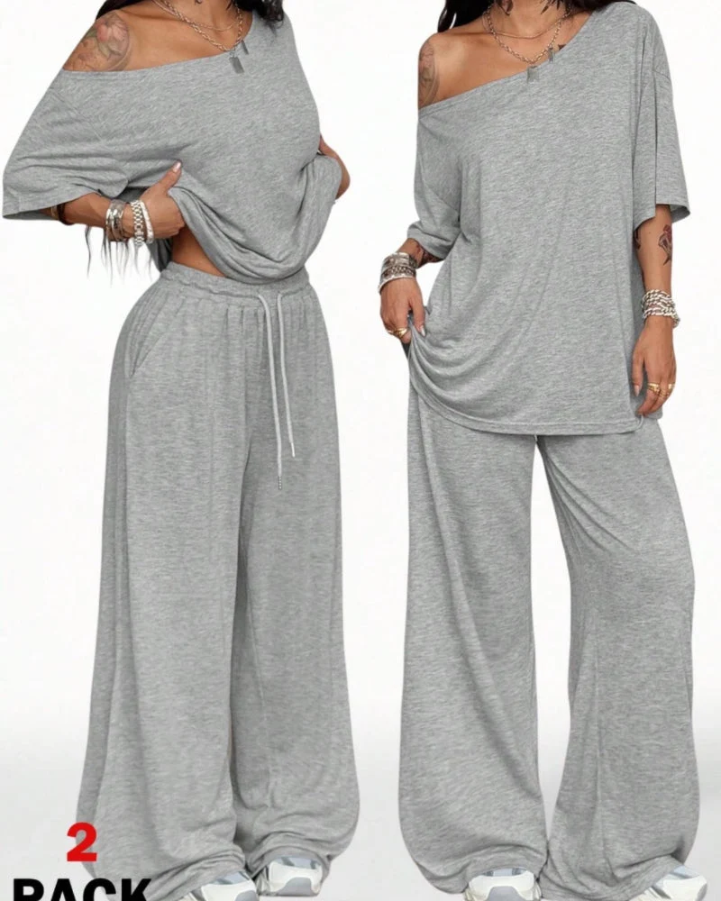 Women's Off-Shoulder Tee Wide-Leg Pants 2P Set - Image 3