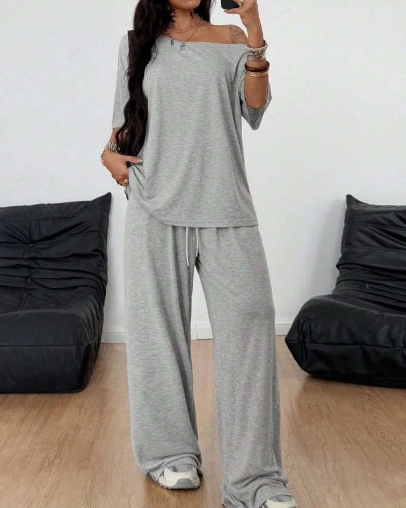 Women's Off-Shoulder Tee Wide-Leg Pants 2P Set - Image 4