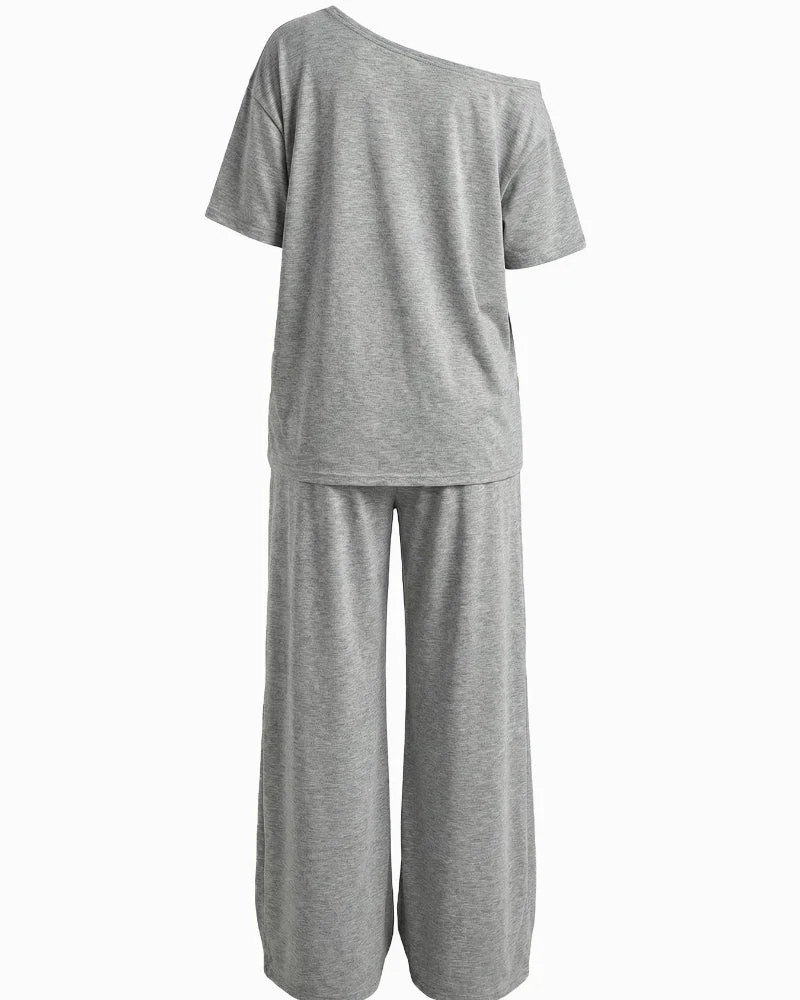 Women's Off-Shoulder Tee Wide-Leg Pants 2P Set - Image 8