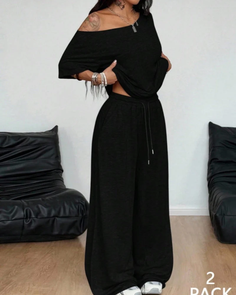 Women's Off-Shoulder Tee Wide-Leg Pants 2P Set - Image 9
