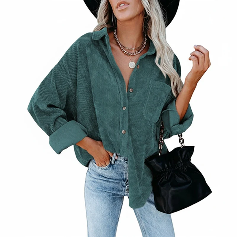 Women's Plain Pocket Button Front Corduroy Shirt - Image 2