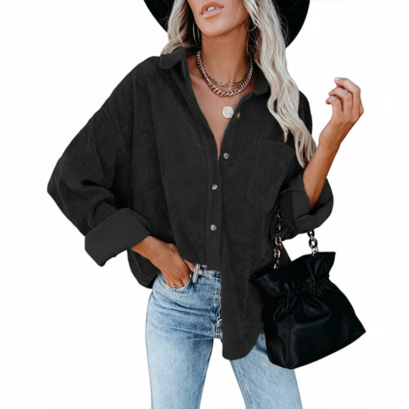 Women's Plain Pocket Button Front Corduroy Shirt - Image 3