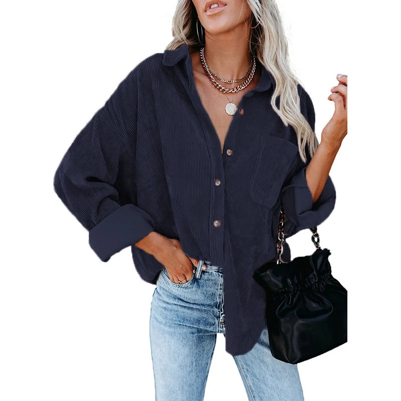 Women's Plain Pocket Button Front Corduroy Shirt - Image 7