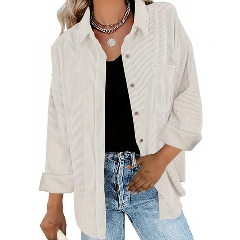 Women's Plain Pocket Button Front Corduroy Shirt - Image 9