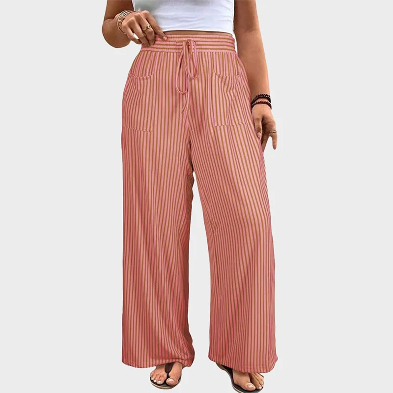 Women's Plus Size Elastic High Waist Wide Leg Pants Striped Casual - Image 10
