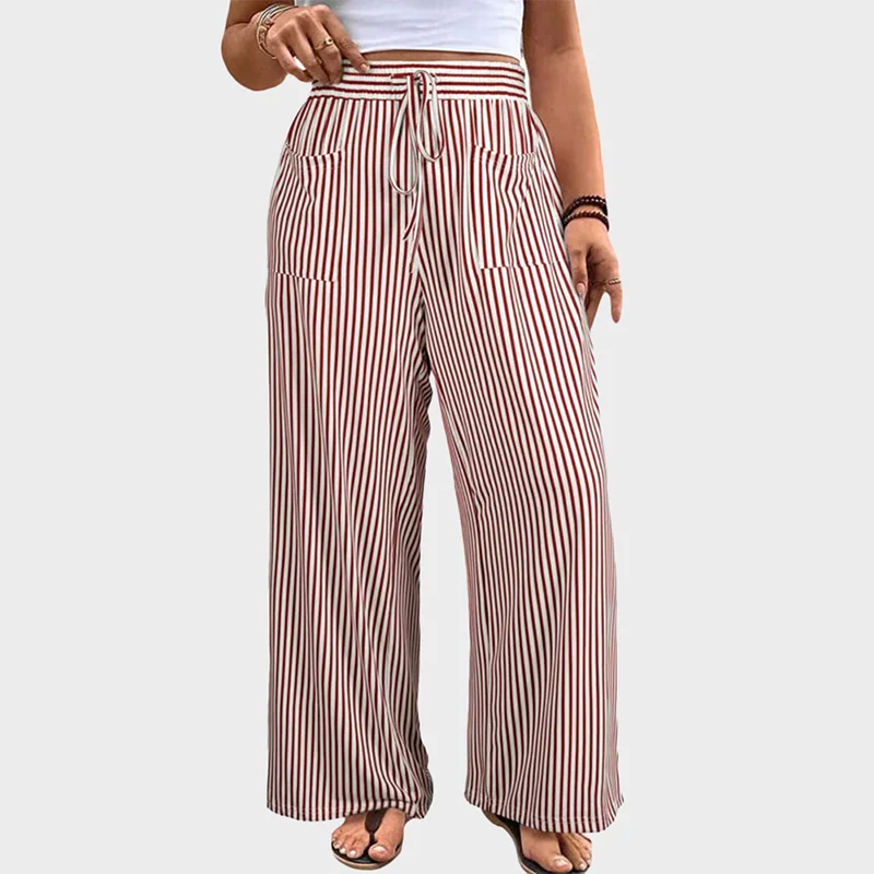 Women's Plus Size Elastic High Waist Wide Leg Pants Striped Casual - Image 11