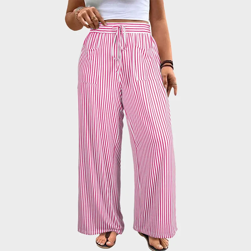 Women's Plus Size Elastic High Waist Wide Leg Pants Striped Casual - Image 12
