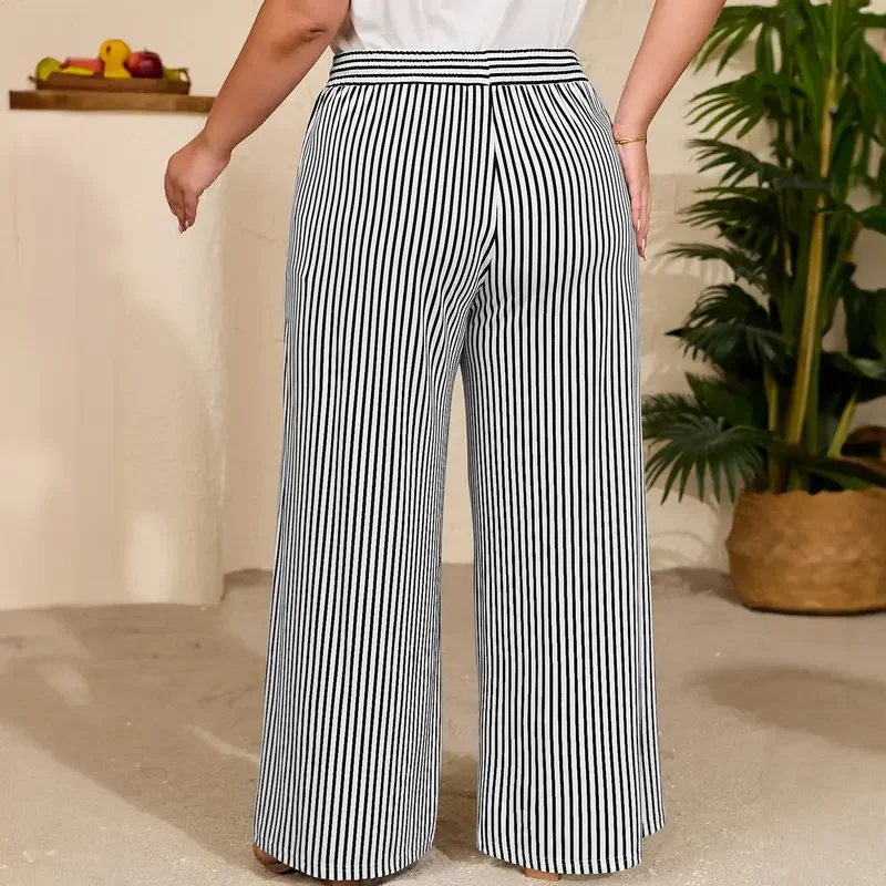 Women's Plus Size Elastic High Waist Wide Leg Pants Striped Casual - Image 2