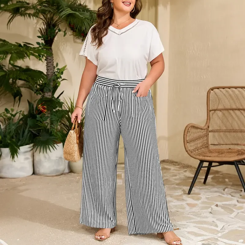 Women's Plus Size Elastic High Waist Wide Leg Pants Striped Casual - Image 3