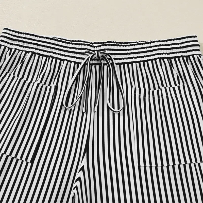Women's Plus Size Elastic High Waist Wide Leg Pants Striped Casual - Image 4