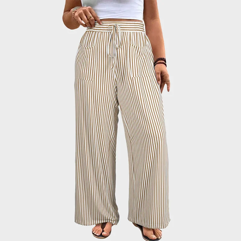 Women's Plus Size Elastic High Waist Wide Leg Pants Striped Casual - Image 6