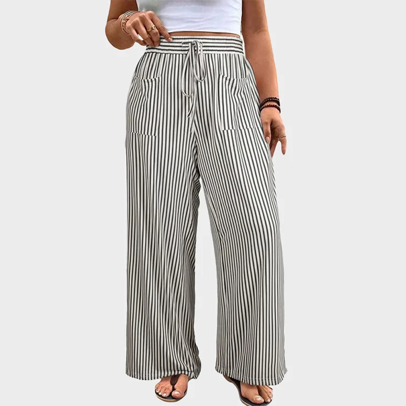 Women's Plus Size Elastic High Waist Wide Leg Pants Striped Casual - Image 7