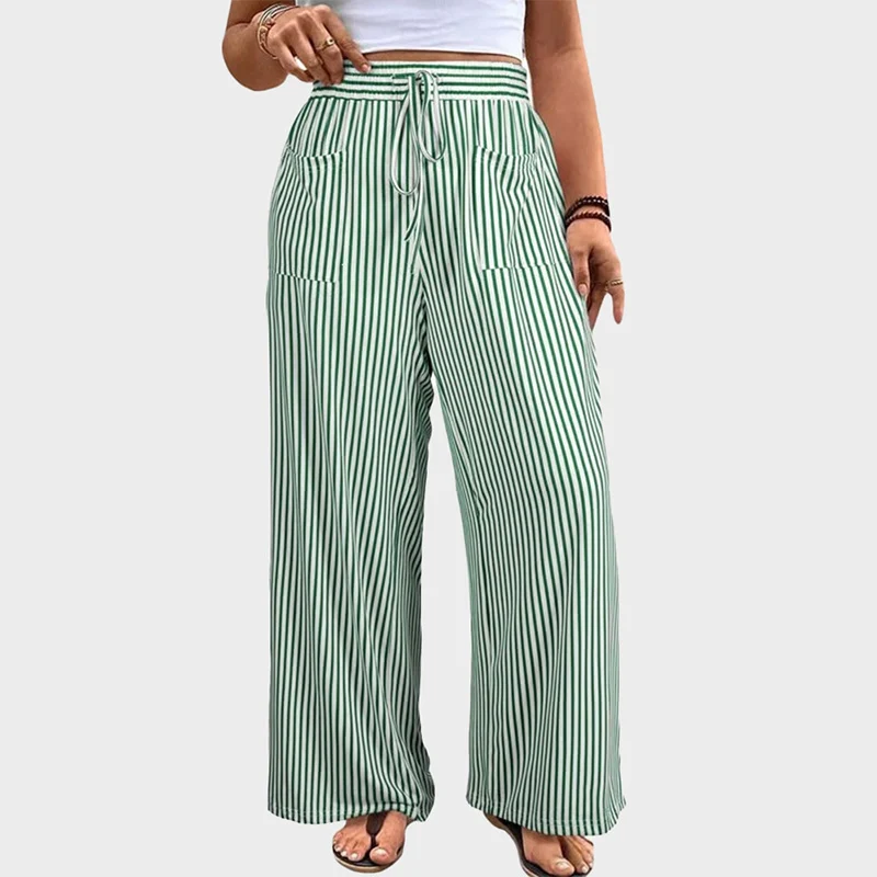 Women's Plus Size Elastic High Waist Wide Leg Pants Striped Casual - Image 8