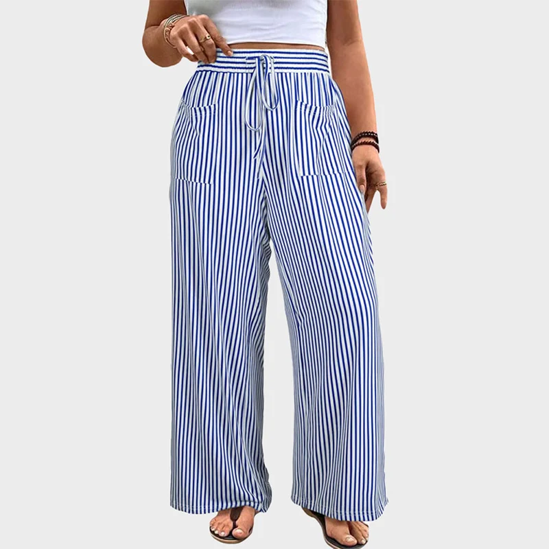 Women's Plus Size Elastic High Waist Wide Leg Pants Striped Casual - Image 9