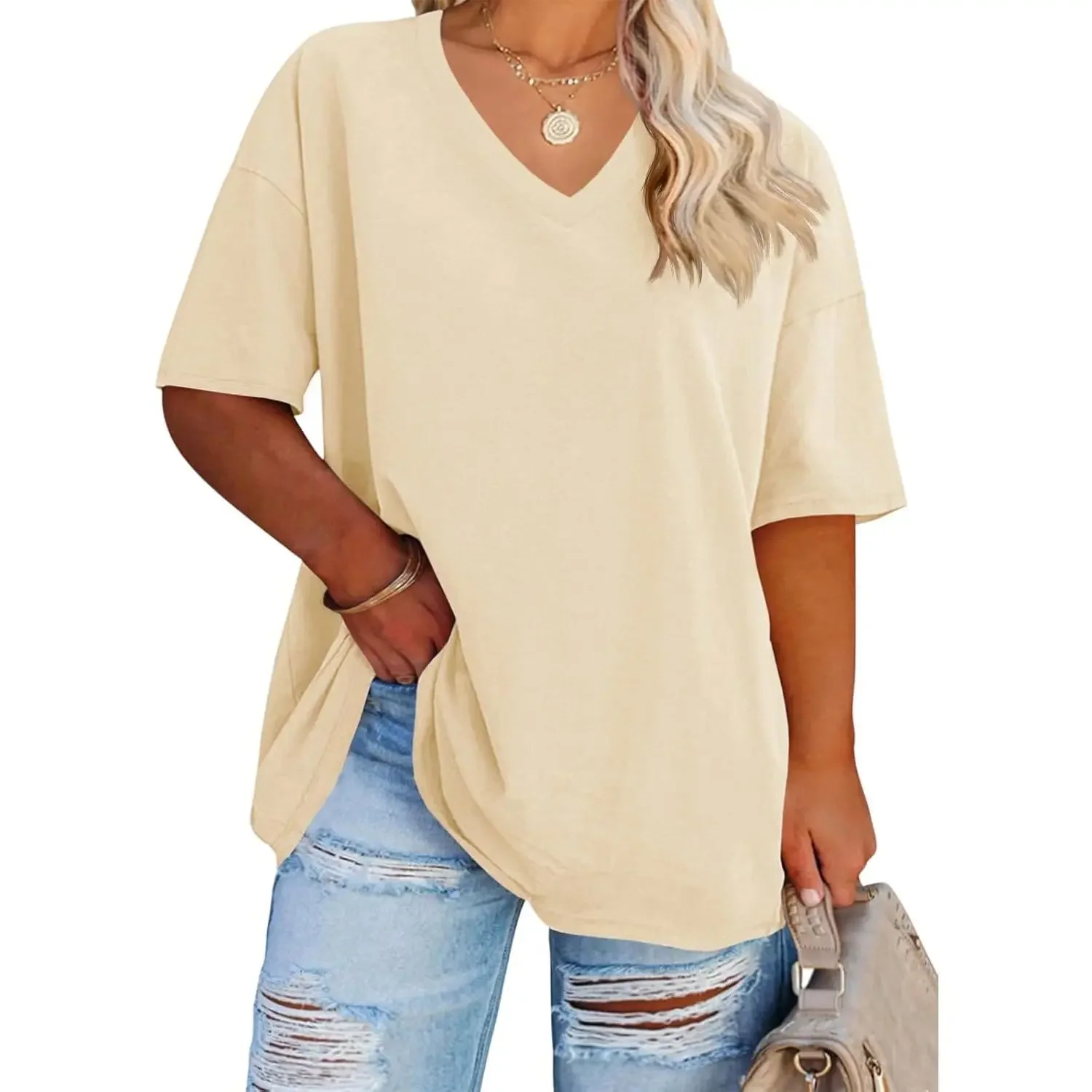 Women's Plus Size V Neck Half Sleeve Tunic Tee Loose Fit Cotton Summer - Image 10