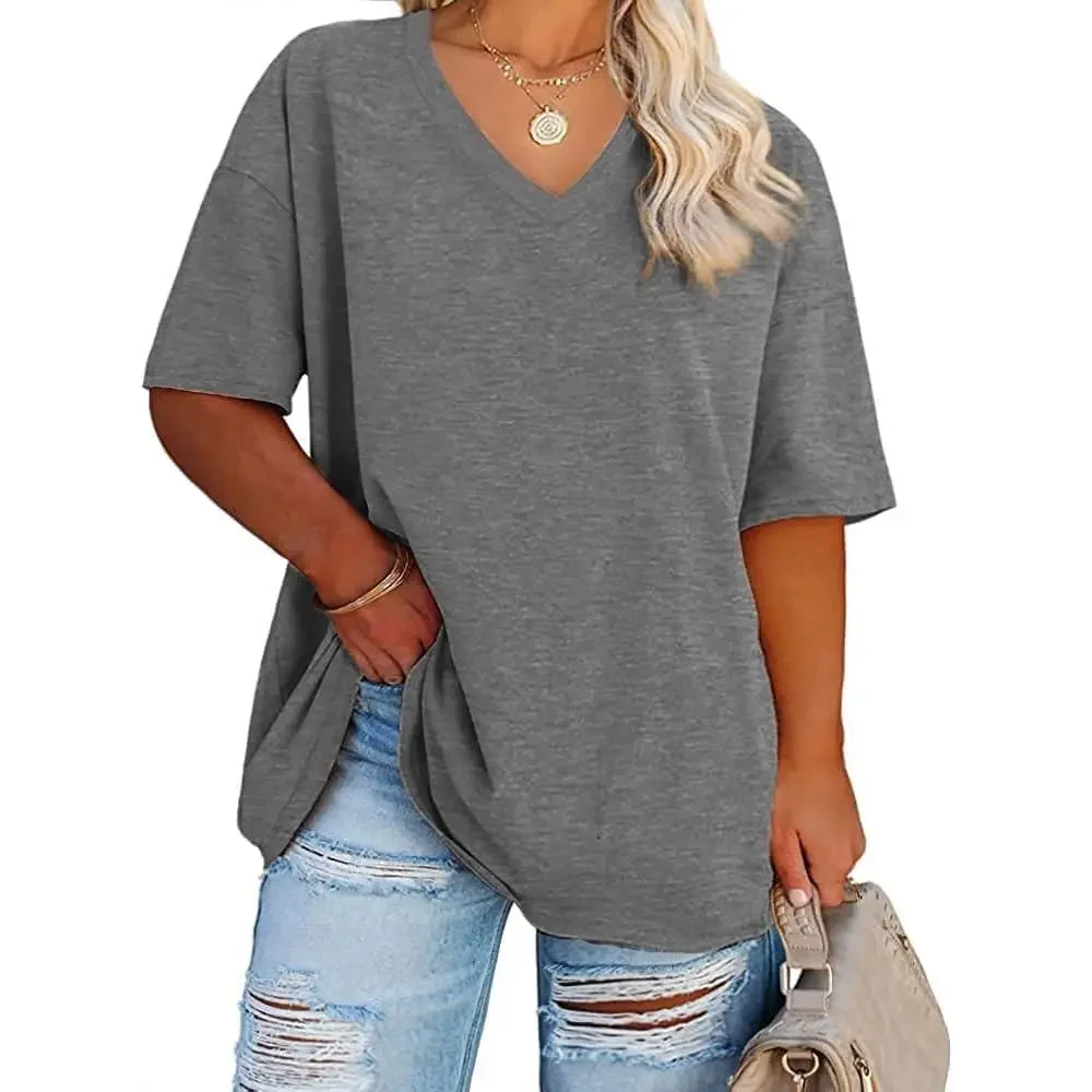 Women's Plus Size V Neck Half Sleeve Tunic Tee Loose Fit Cotton Summer - Image 15