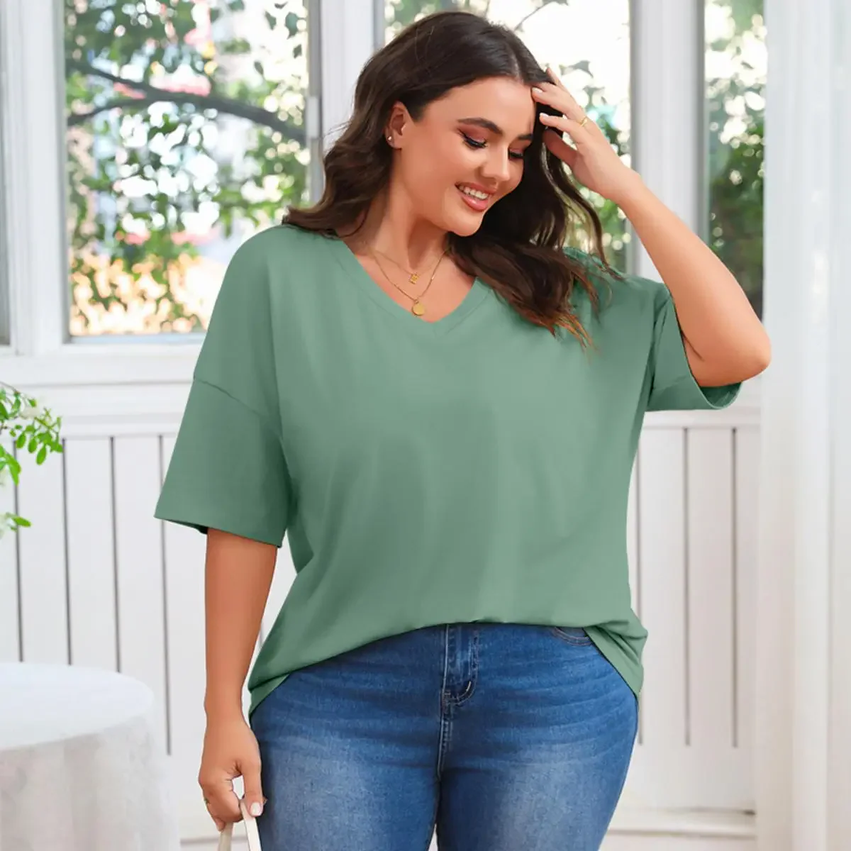 Women's Plus Size V Neck Half Sleeve Tunic Tee Loose Fit Cotton Summer - Image 2