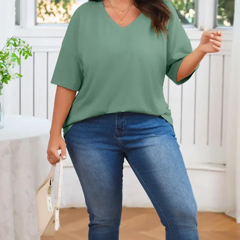 Women's Plus Size V Neck Half Sleeve Tunic Tee Loose Fit Cotton Summer - Image 3
