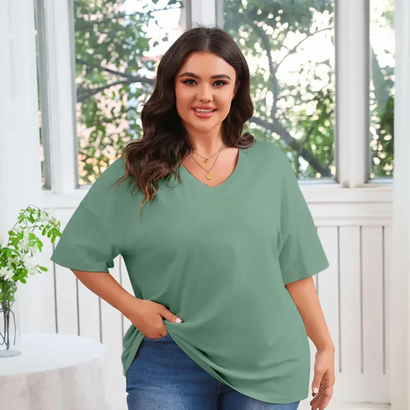 Women's Plus Size V Neck Half Sleeve Tunic Tee Loose Fit Cotton Summer - Image 4