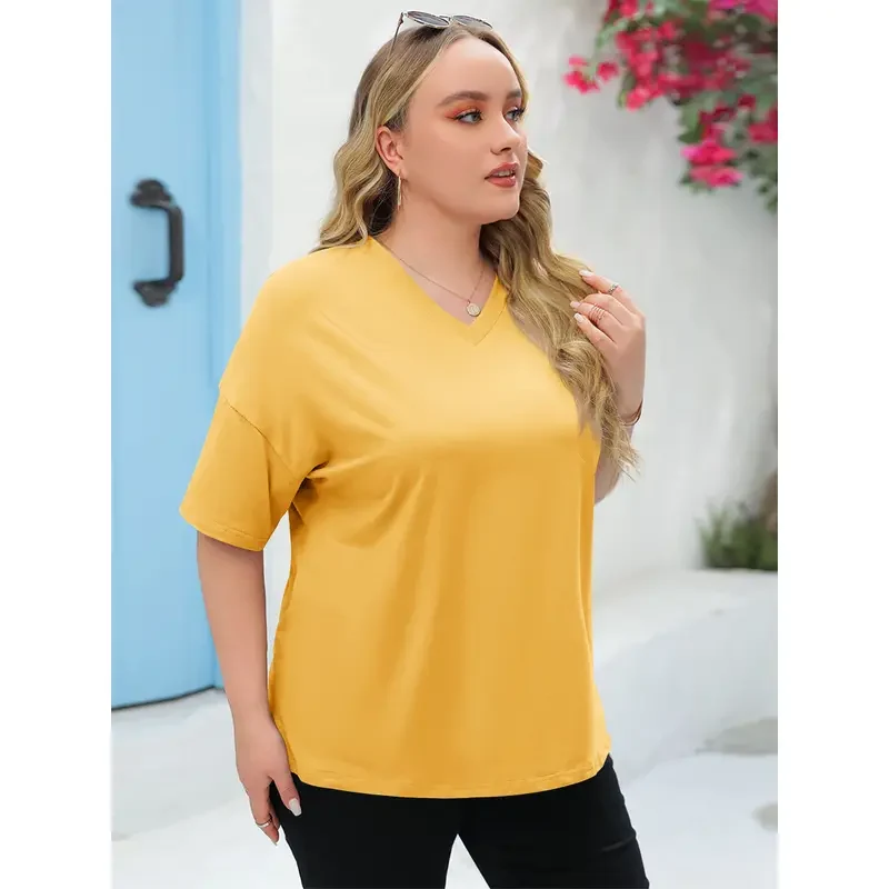 Women's Plus Size V Neck Half Sleeve Tunic Tee Loose Fit Cotton Summer - Image 6