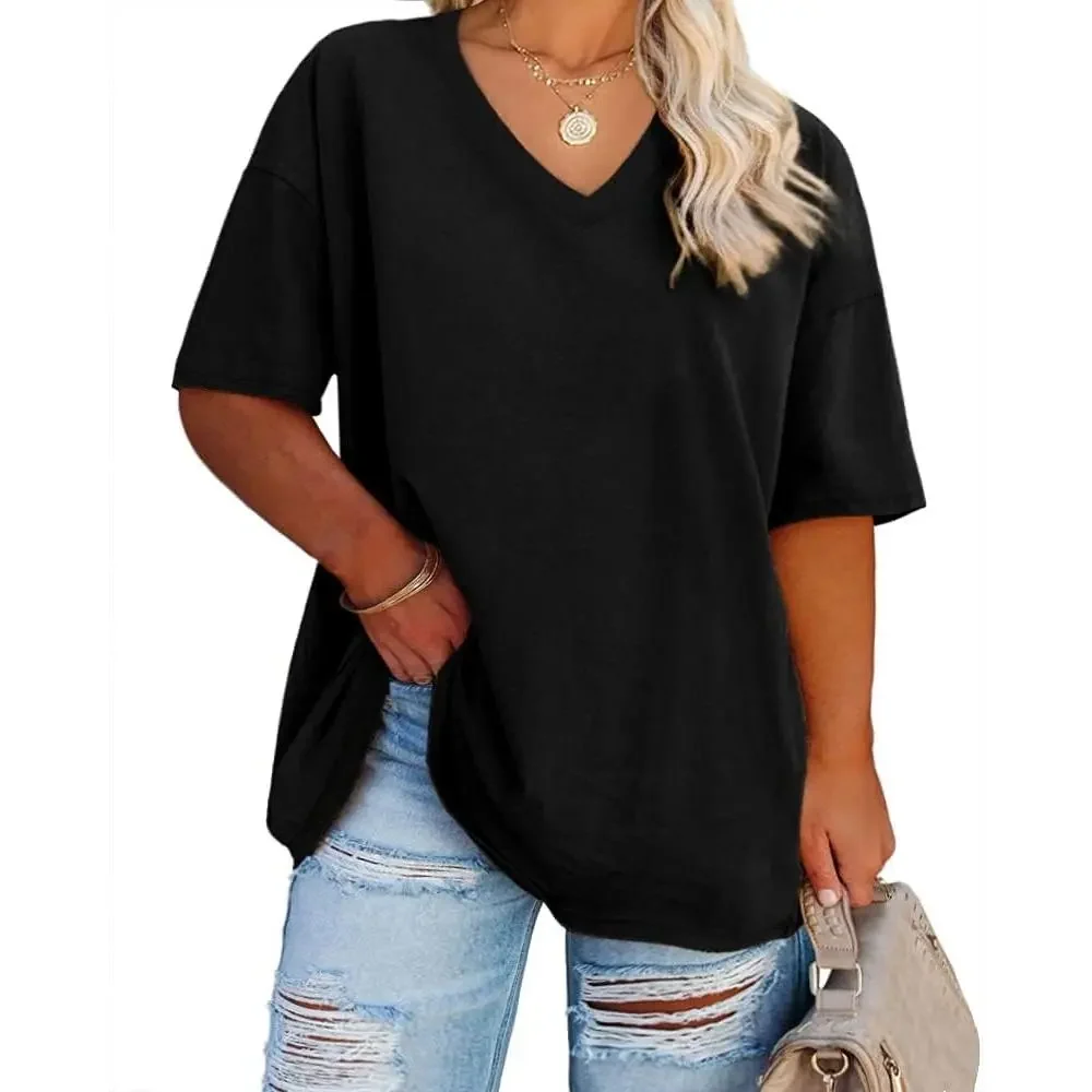 Women's Plus Size V Neck Half Sleeve Tunic Tee Loose Fit Cotton Summer - Image 8