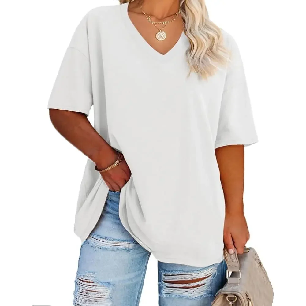 Women's Plus Size V Neck Half Sleeve Tunic Tee Loose Fit Cotton Summer - Image 9