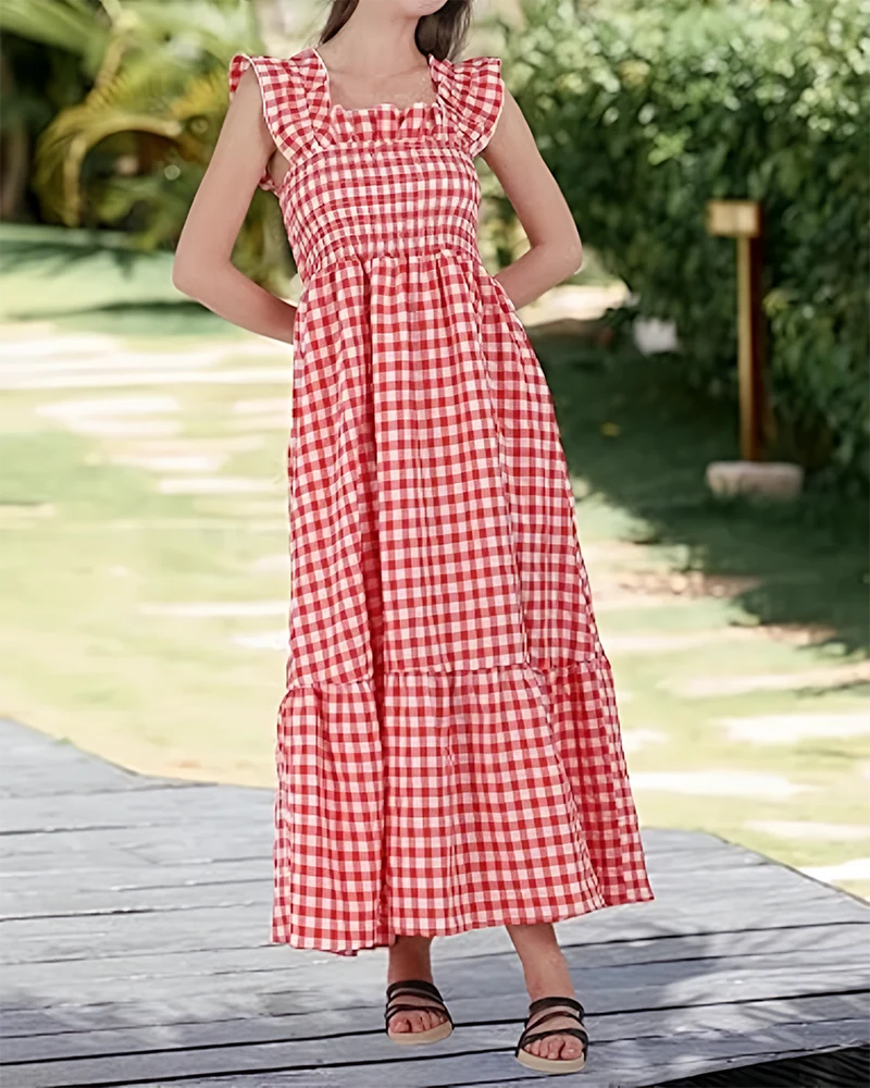 Women's Retro Plaid Smocked Dress Spaghetti Strap Flowy Maxi with Pockets - Image 2