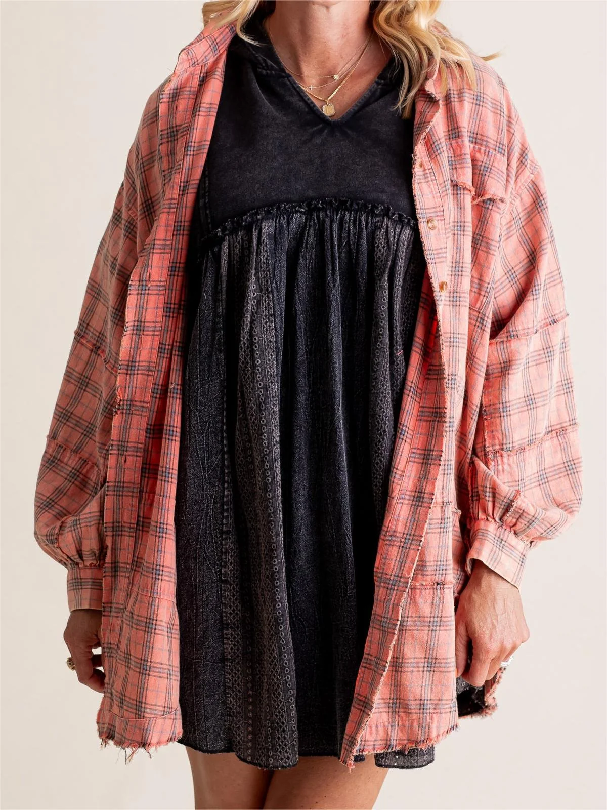Women's Seams Raw Edge Washed Oversized Shirt Jacket with Pockets - Image 4