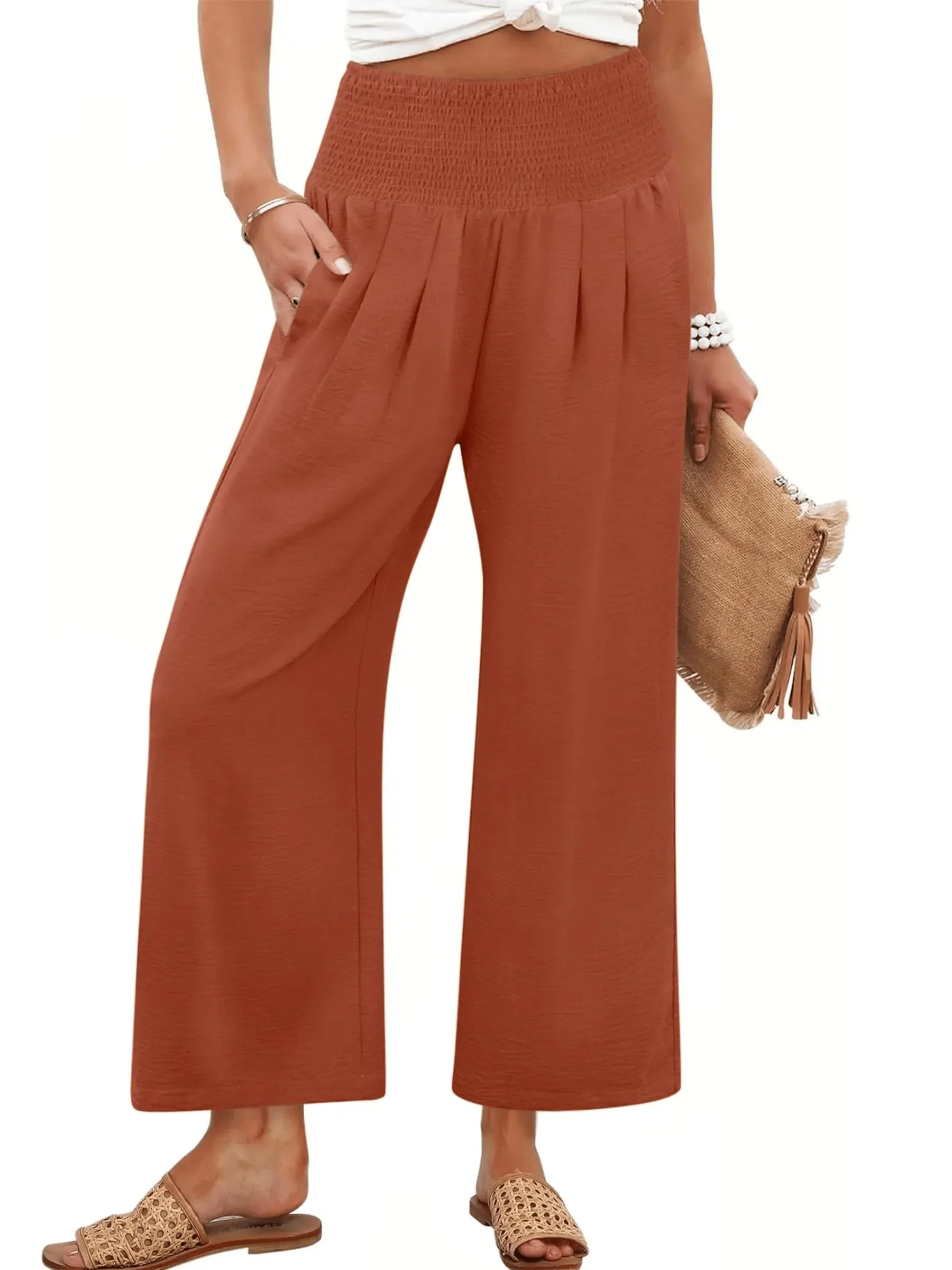 Women's Smocked Waist Wide Leg Palazzo Pants - Image 10