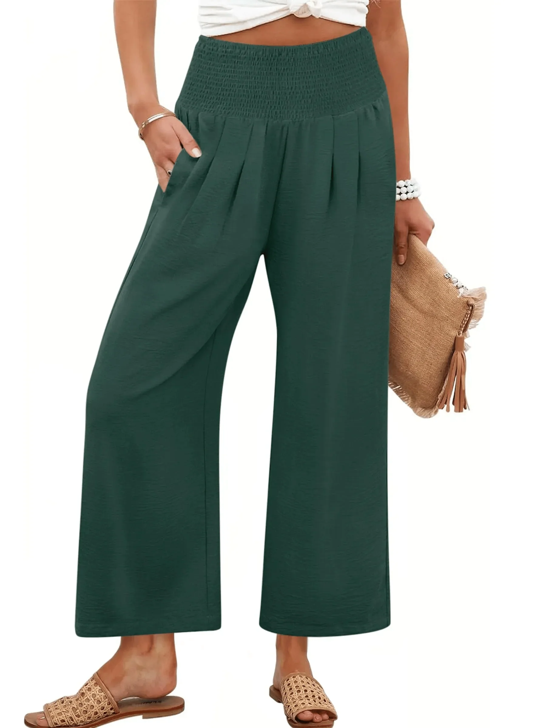 Women's Smocked Waist Wide Leg Palazzo Pants - Image 18