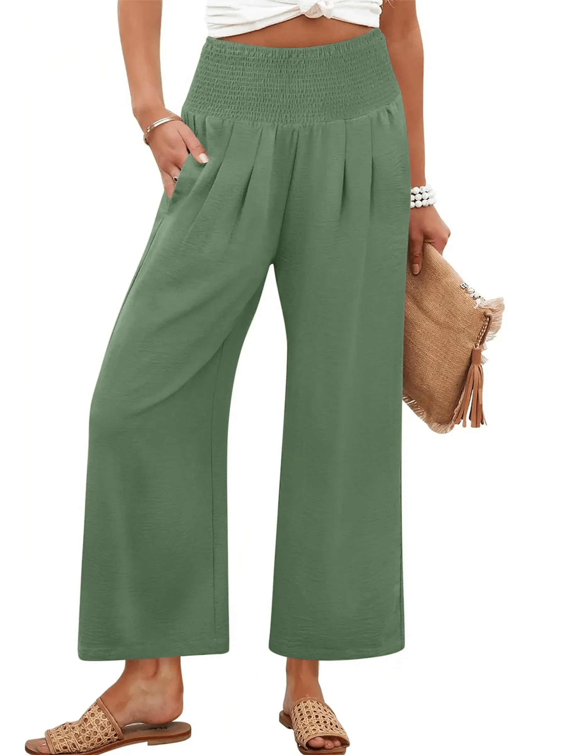 Women's Smocked Waist Wide Leg Palazzo Pants - Image 2