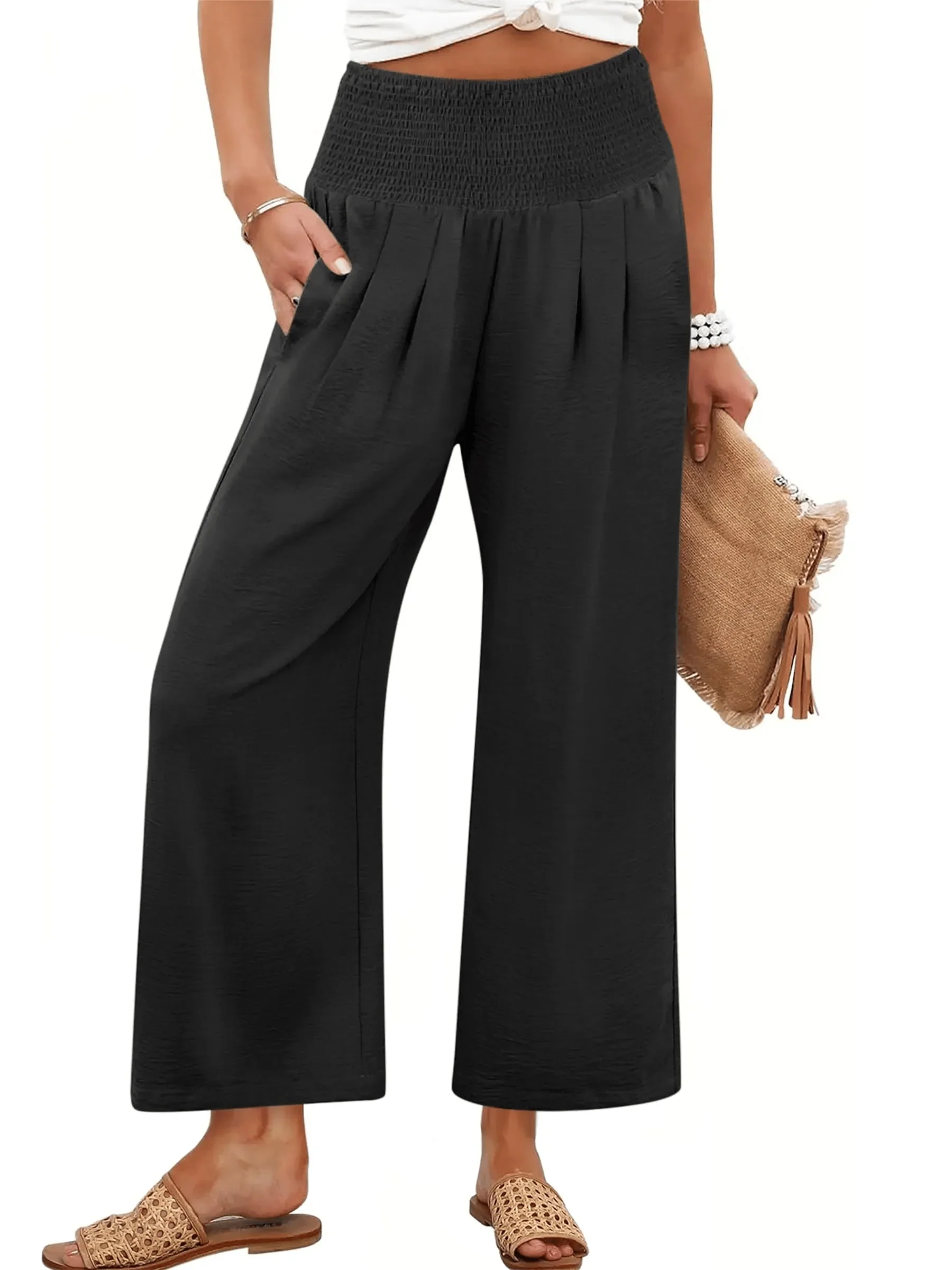 Women's Smocked Waist Wide Leg Palazzo Pants - Image 9