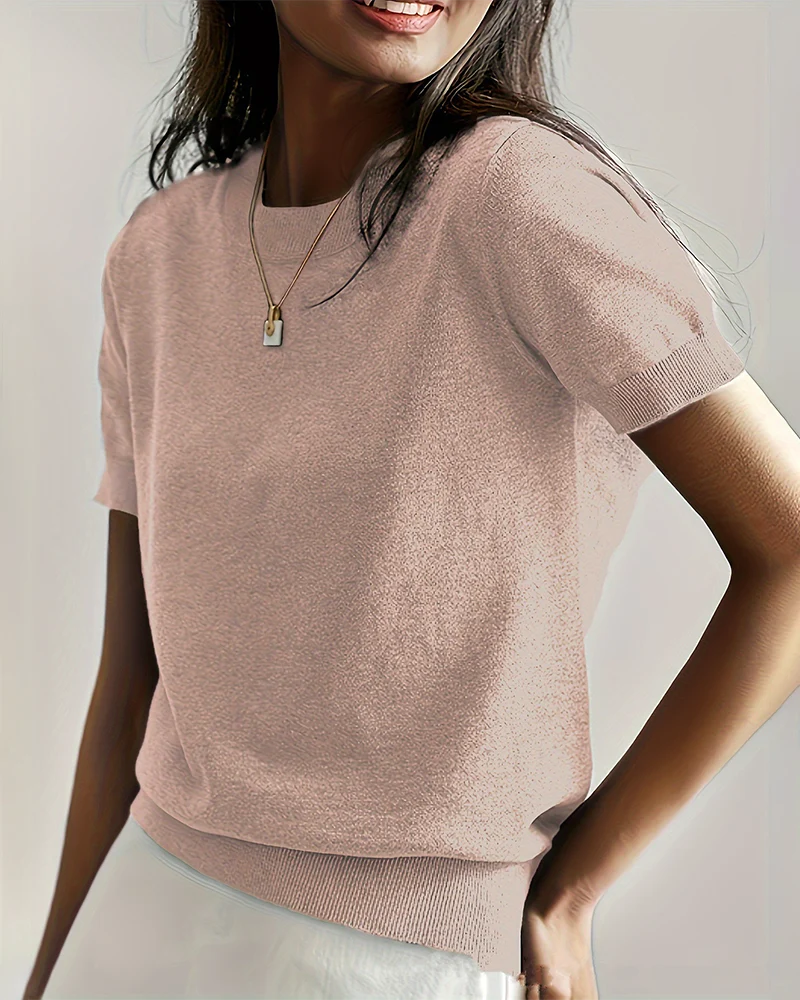Women's Solid Color Crew Neck Short Sleeve Sweater - Image 2