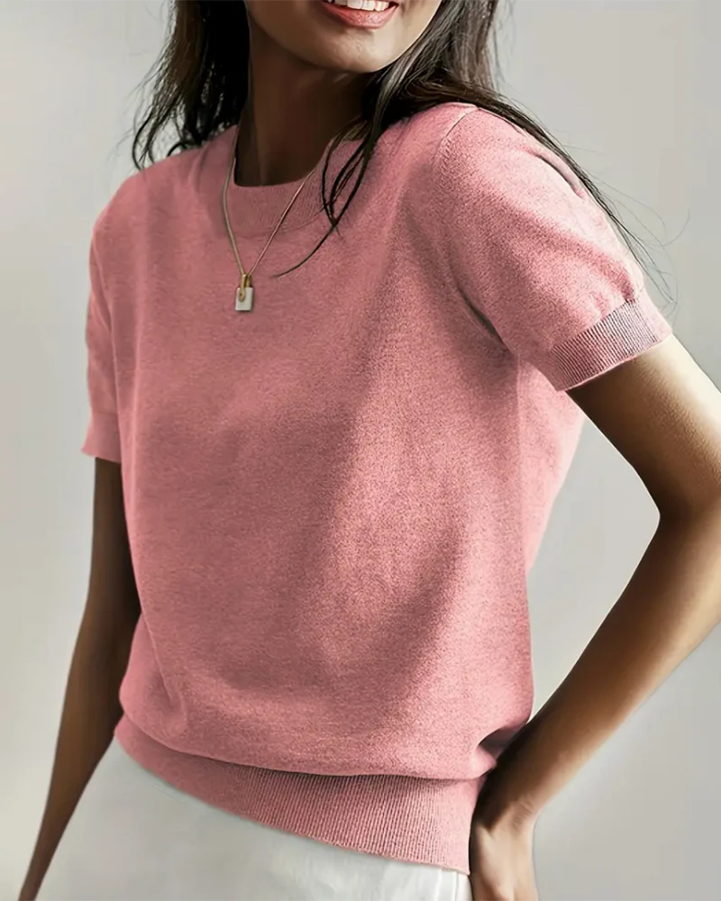 Women's Solid Color Crew Neck Short Sleeve Sweater - Image 7