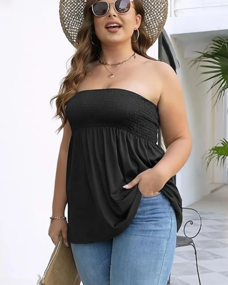 Women's Strapless Tube Top Boho Chic Ruffle Hem Casual Sleeveless - Image 2