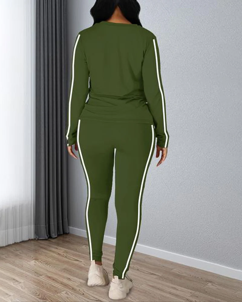 Women's Striped Print Long Sleeve Top & Pants Two-piece Set - Image 4